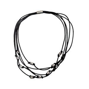 Leather And Silver Tone Strand Layered Necklace Black Costume Fashion‎ Jewelry